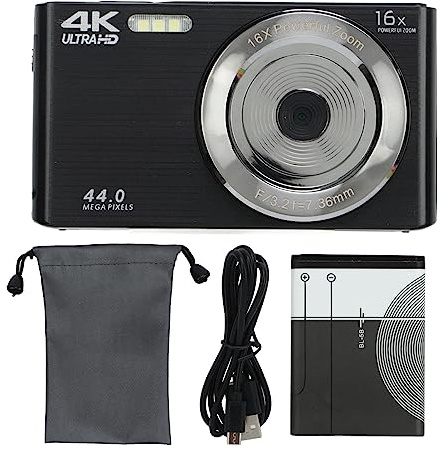Kompaktkamera, Digitalkamera, 16X digital zoomkamera 2,8-tums skärm 4K 44MP Stötsäkert plasthus HD-kamera för fotografering Minikamera för pojkar Flickor Barn Nybörjare (Black)