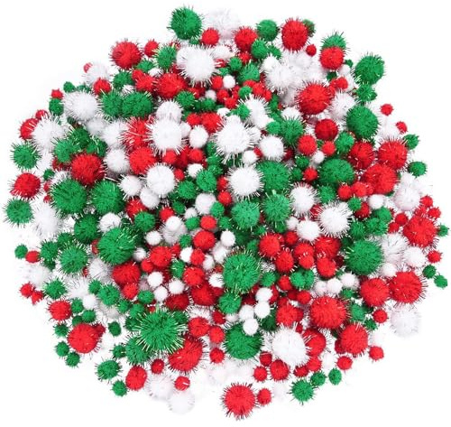 Pom Pom Natalizi, 600 Pezzi Pon Pon per Lavoretti, Mini Ponpon per Lavoretti Set 1-2cm Pom Pon Rosso/Verde/Bianco Glitterati per Decorazioni Domestiche, Artigianato Natalizio