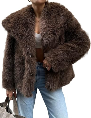Yimoon Women's Cropped Faux Fur Jacket Lapel Open Front Shaggy Furry Coat 2024 Winter Warm Fluffy Overcoat(Coffee-S)