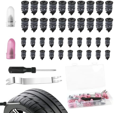 Zssxysm 40Pcs Tyre Repair Kit Rubber Nails, Motorcycle Puncture Repair Patches, Rubber Tire Screws with Screwdriver and Mini Nail Puller Crowbar, Universal Tubeless Tools for Car Bike, 20 S+20 L