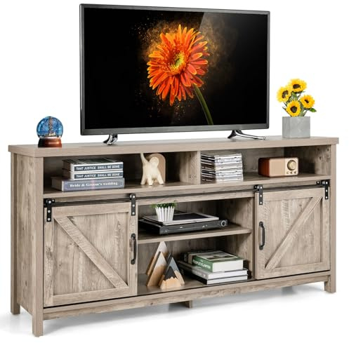 COSTWAY TV Stand for TVs up to 65 Inch, Farmhouse TV Cabinet Media Entertainment Center with Sliding Barn Doors and Adjustable Shelf, 150cm TV Unit Console Table for Living Room Bedroom (Maple Grey)