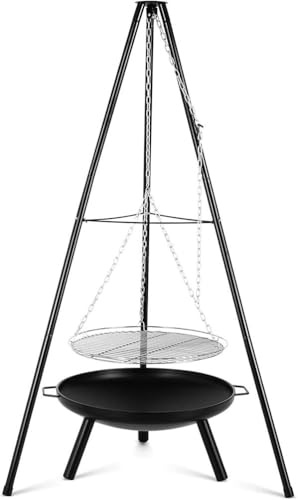 ShEyle Trípode para Parrilla, Parrilla giratoria, Marco para Parrilla con Cadena, 160 cm de Alto, Incluye Rejilla para Parrilla de 52 cm, Incluye brasero de 68 cm