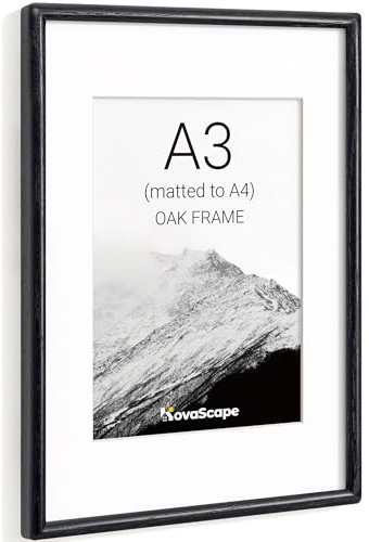 KovaScape A3 Picture Frame, Solid Oak Wood Photo Frame with Tempered Real Glass, Includes White Mount for A4(21x29.7 cm) Photo, Rounded Corner Design, For Wall Hanging