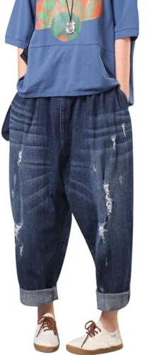 Youlee Femmes Taille Élastique Jambe Large Harem Pantalon Trou Jeans Blue M