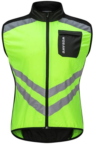 WOSAWE Men's High Visibility Cycling Wind Vest Sleeveless Reflective Bicycle Gilet, Green M