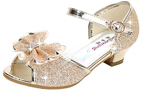 Eleasica Bambine e Ragazze Scarpe col Tacco Antiscivolo Scarpe da Principessa Carnevale Sandali Costumi Natale Regalo Matrimonio Compleanno Aperte sulla Punta,Oro,29