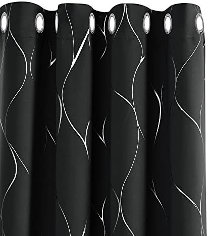 Deconovo Eyelet Blackout Curtains, Thermal Insulated Silver Wave Line Foil Printed Ring Top Curtains for Kids Bedroom, 46 x 72 Inch(Width x Length), Black, 2 panels