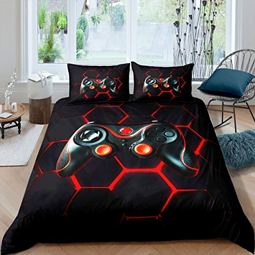 Homemissing Gamer Duvet Cover Set Boys Teens Video Game Gaming Bedding Set Geometric Honeycomb Hexagon Comforter Cover Console Game Controller Quilt Cover Room Decor 2Pcs Single Size,Black,Red