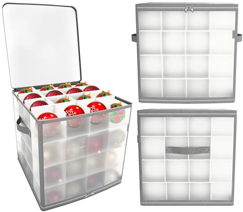 REDSTAR Christmas Bauble Storage Box with Dividers for 64 Xmas Baubles - Foldable Clear Christmas Decoration Storage Box with Compartments for Xmas Tree Decorations