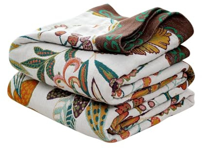 Boho överkastfilt för säng 100 % bomull mjuk lätt täcke filt blommor löv broderi heminredning sängfiltar, 203 cm x 228 cm alla årstider andningsbara filtar för soffa fåtölj