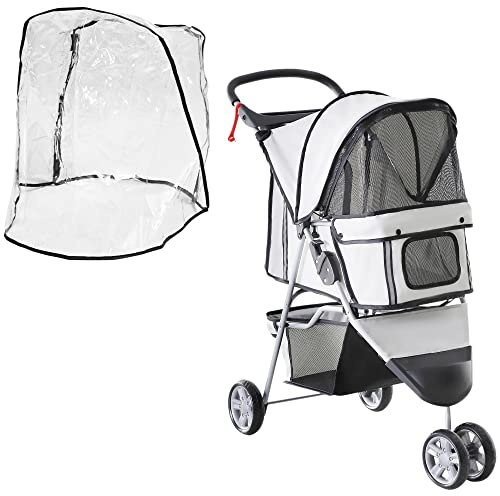 PawHut Dog Stroller with Cover for Small Miniature Dogs, Folding Cat Pram Dog Pushchair with Cup Holder, Storage Basket, Reflective Strips, Grey