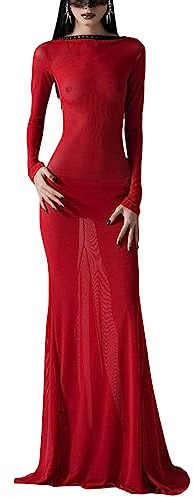 Geagodelia Robe Maxi-Longue Dos Nu en Mesh à Manches Longues, Robe Transparente Sexy Moulante en Bandage pour Soirée Cocktail Fête (Rouge, Taille Unique)