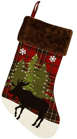 20 inch Reindeer Christmas Stockings, Buffalo Moose Xmas Stocking Cute Plaid Farmhouse Hanging Bags with Deer Snowflake and Tree Design for Child Kids Girls Boys Men Holiday Décor (Deer Black)