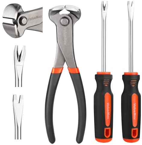 ValueMax 3-Piezas Juego de Alicate de Corte Frontal y Sacaclavos, Alicate de Corte Final de 185mm, Quitagrapas de Punta en V, Extractor de Clavos, Herramientas para Quitar Clavos y Grapas