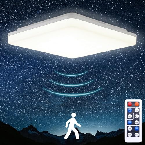 Oraymin LED Deckenlampe mit Radar Bewegungsmelder 18W 1800LM, LED Deckenleuchte mit Fernbedienung, IP54 4000K Lampe mit Bewegungsmelder Innen für Treppe Flur Keller Garage Carport, Quadratisch, 22 cm