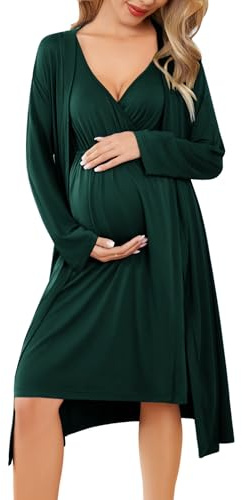 Ekouaer Maternity Nursing Gown and Robe Set Labor Delivery Nursing Nightgowns for Breastfeeding Pregnancy Clothes Dark Green L