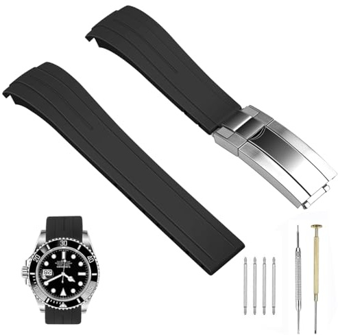 SINAIKE Bracelets de montre en caoutchouc silicone, bracelet à extrémités incurvées et effilées pour Moonswatch, 20 mm bracelet de montre pour homme et femme avec boucle de plongée, noir