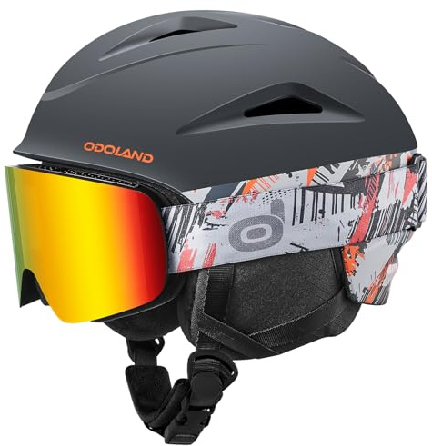 Odoland Casco da sci con occhiali - Casco Sportivo con Occhiali Protettivi per Uomini e Donne - Abbigliamento da Sci Antivento per Adulti e Giovani per Snowboard, Sci, Motoslitta Nero Arancione M