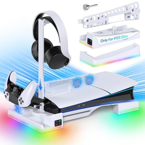 Soporte horizontal RGB para consola PS5 Slim con 2 cargadores de controlador, ventilador de refrigeración silencioso automático para Playstation 5 Slim Disc/edición digital con 14 modos de luz y