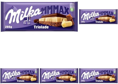 Milka Triolade 1 x 280g I Großtafel aus drei Schichten Schokolade I Alpenmilch-Schokolade, weiße und dunkle Schokolade I Milka Schokolade aus 100% Alpenmilch I Tafelschokolade (Packung mit 5)