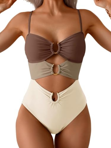 Eomenie One Piece Swimsuit for Women Ring Linked Monokini Sexy Bathing Suit Cutout Swim Suit, Brown Color Block, S