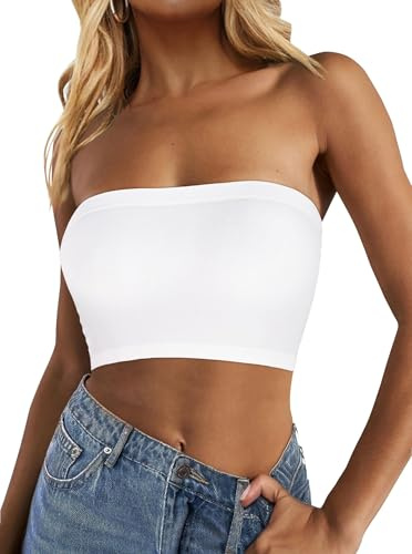 Tube Top for Women Summer Strapless Bandeau Backless Basic Sleeveless Vest(White,Regular)