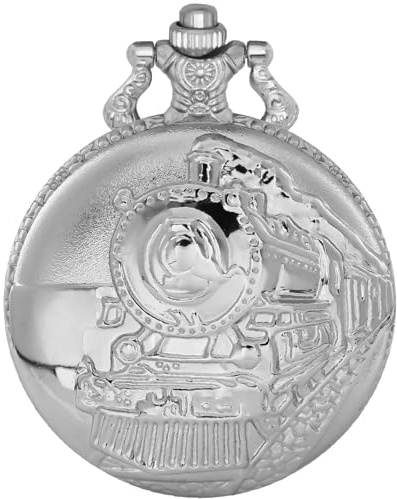 Tiong Orologio da tasca vintage locomotiva da uomo con numeri arabi quadrante 3D treno a vapore orologi da tasca da uomo con catena, 58-argento, Retrò