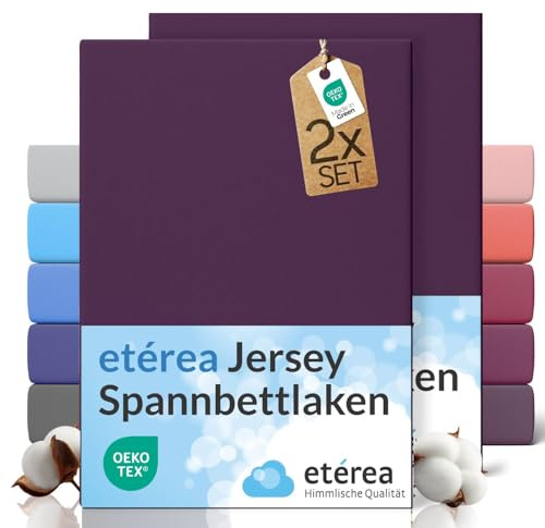 etérea Jersey 2er Set Spannbettlaken 180x200cm - 200x200cm Pflaume bis 25 cm Höhe - 100% Baumwolle Spannbetttuch Oekotex - Doppelpack Bettlaken 180x200 cm - 200x200 cm - Lila
