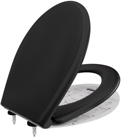 ANYCEE Tapa WC Universal, Asiento de Inodoro de Cierre Suave, Tapa Inodoro en Forma de O, Tapas de Water en Duroplast, Antibacteriano, Liberación Rápida para una Fácil Limpieza, Inalterable, Negro