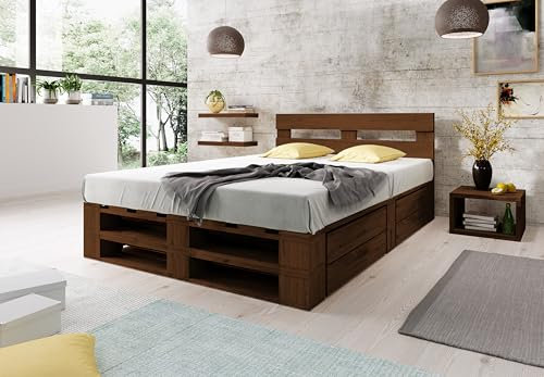 Lermowood Palettenbett M2 aus Holz 200 x 200 cm Palisander mit Kopfteil und 2 Bettkästen Holzbett 30cm Stabiles Seniorenbett Kinderbett Jugendbett Gästebett erhöhtes Bettgestell Futonbett Komforthöhe