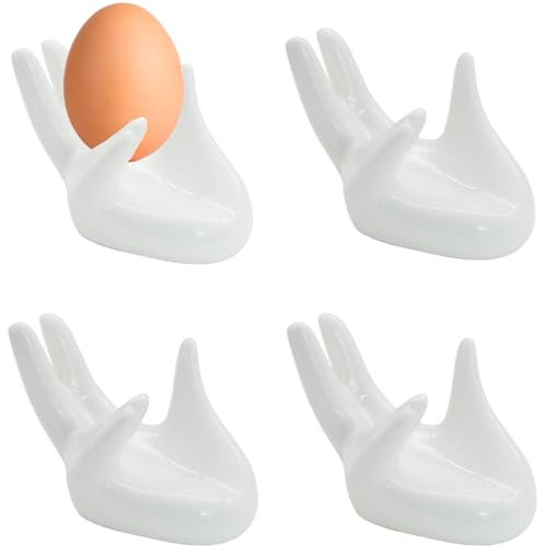 JJQHYC Ceramic Egg Cups Set of 4 Display Stand, Hand Shaped Egg Holders Easter Decor Kitchen Storage Breakfast Boiled Eggs Cup, White