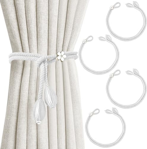 Alzapaños para Cortinas, Paquete de 4, Elegantes alzapaños Bohemios con Hebilla de Cuerda, Tejidos a Mano, para el hogar, la Oficina, la Sala y el Dormitorio (Blanco)