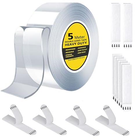 Double Sided Nano Tape Heavy Duty 5m×2cm×2mm & Picture Hanging Strips 8 Pairs, Clear Removable Adhesive & Damage Free Wall Strips for Frames Pictures Posters Carpet