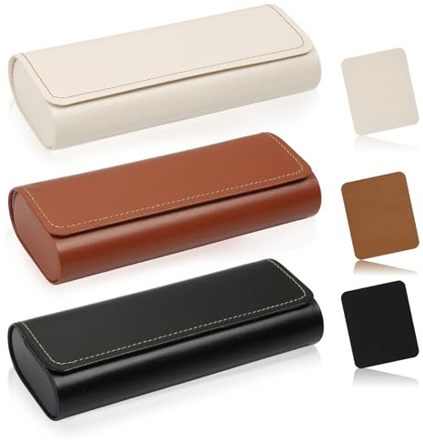 Lot de 3 étuis à lunettes rigides en cuir et métal avec chiffon de nettoyage pour lunettes, lunettes de soleil avec fermeture magnétique, étui universel portable pour la plupart des lunettes de soleil