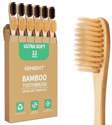 GENKENT Spazzolino da denti ultra morbido in bambù, confezione da 12, setole da 0,15 mm