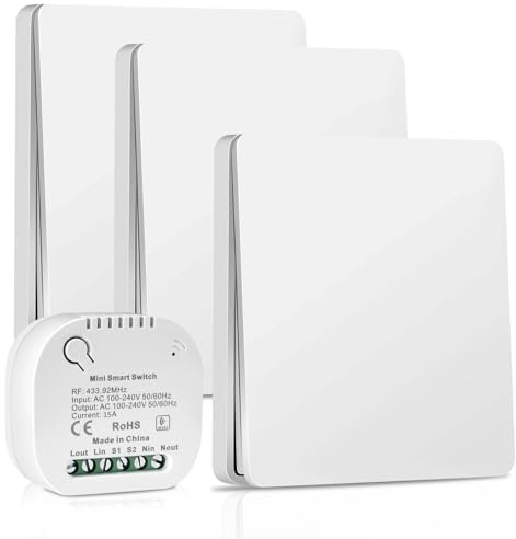 Hycago 230V Interrupteur Sans Fil Sans Pile avec Récepteur, Interrupteur Radio Auto-alimenté Sans Batterie, Va et Vient Sans Fil Mural Étanche,Télécommande Jusqu'à 50-200m (3 Interrupteur+1 Récepteur)