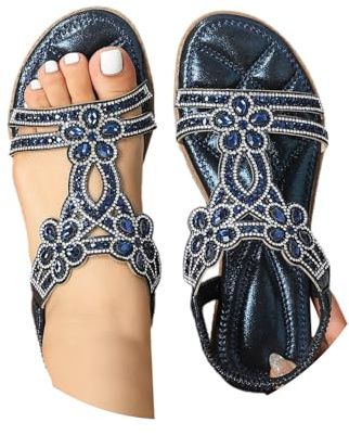 Sandales plates d'été décontractées et légères à enfiler en similicuir avec barre en T et strass pour femme, Bleu foncé., 38.5 EU