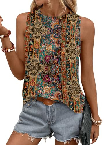 Zeagoo Top Damen Sommer Tanktop locker Blusentop Basic Bluse Elegant Weste Ärmellose T Shirt Rundhals Tops S-XXL, Patrón étnico, XS