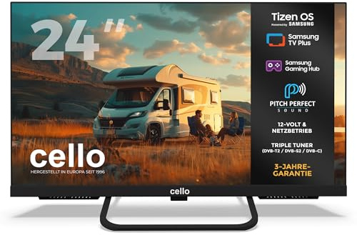 Cello CTRAV-24TZ Smart TV LED 24 12V per camper e campeggio, Tizen OS di Samsung, Gaming Hub, altoparlanti Pitch Perfect, Bluetooth, triplo sintonizzatore