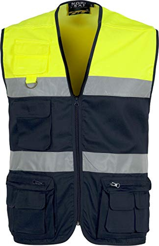 WORKTEAM Chaleco de Trabajo, Tipo Safari, Alta Visibilidad con 2 Cintas Reflectantes, Multibolsillos. Unisex Marino+Amarillo A.V. L