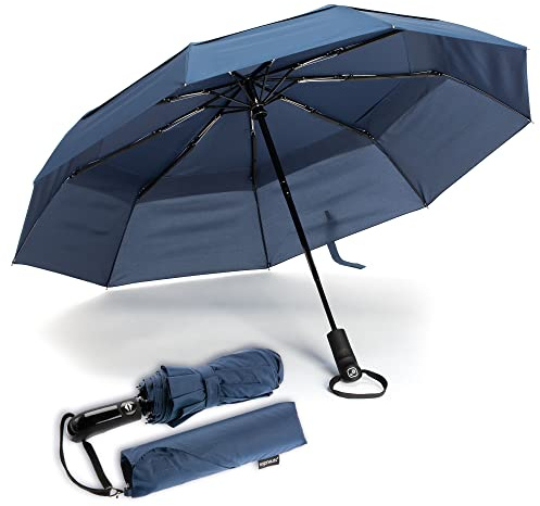 Ergonauts Reise-Regenschirm, winddicht, belüftet, mit doppeltem Schirmdach – mit Teflon-Beschichtung, ergonomischem Griff und Schutzhülle. Tragbar, kompakt, faltbar und leicht (Marineblau)