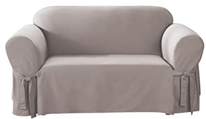 SureFit Cotton Duck Loveseat Box Cushion One Piece Slipcover, Furniture Cover, Relaxed Woven Fit, 100% Cotton, Machine Washable, Gray