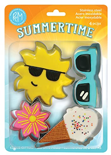 R&M Summer Time Cookie Cutters, Ice Cream Cone, Sun, Sunglasses, Ice Cream Cone Cookie Cutter Set, 4-Piece, Silver
