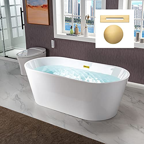 WOODBRIDGE 67 Acrylic Freestanding Bathtub Contemporary Soaking White Tub with Brushed Gold Overflow and Drain，B0013 -BG-Drain &O