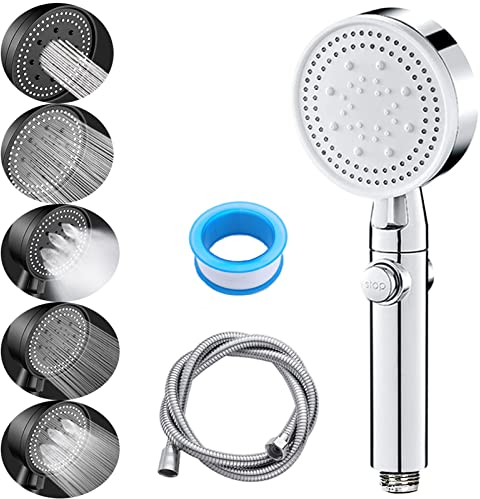 Duschkopf Regendusche Wassersparend, 5 Strahlarten mit One Touch Wasserstopp Schalter, Handbrause Hochdruck Sparduschkopf badinstallationen, mit Teflonband+1.5 M Schlauch