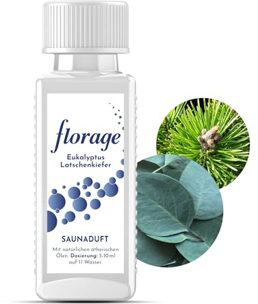 Florage 100ml Saunaaufguss EUKALYPTUS LATSCHENKIEFER - 50 Jahre Erfahrung als deutsche Duftmanufaktur, hochergiebiges Aufgussmittel für die Sauna, viele Aufguss Düfte, vegan und ohne Tierversuche
