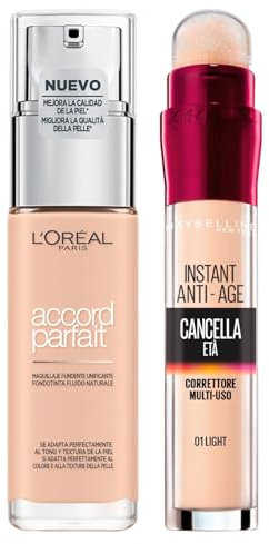 Maybelline New York Il Cancella Età Correttore Liquido Multiuso con Applicatore a Spugnetta Colore 01 Light + Accord Parfait Fondotinta Fluido Naturale 1.N Rose Ivory 30ml