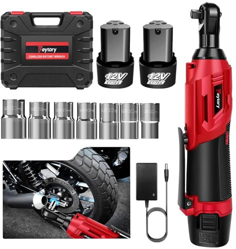 Huini Clé à cliquet sans fil 12V, kit de clé à cliquet électrique 3/8, 40N.m, 300 tr/min, clé à cliquet à choc avec 2 x batterie lithium-ion 1,5Ah et charge rapide, 7 douilles, rouge/noir