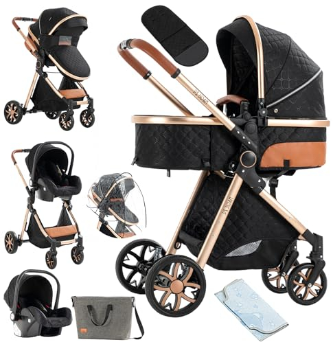 NADDLILY Barnvagn 3-i-1, vändbar tvåvägs dragkraft, bärbar enklickdesign, komplett set med tillbehör högt landskap (V9 svart)