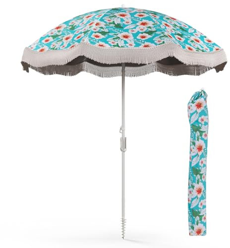 GOPLUS Parasol de Jardin Exterieur 2M, Parasol de Plage avec 8 Baleines, Parasol Inclinable avec Bouton-poussoir, Sac de Transport, Parasol Frange UPF50+ pour Balcon, Base Non Incluse